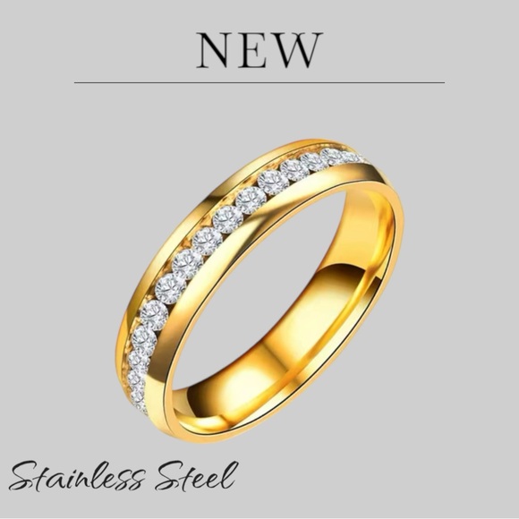 New Stainless Steel Unisex Engagement Ring Black or Gold Band CZ Row Inlay - Picture 3 of 9